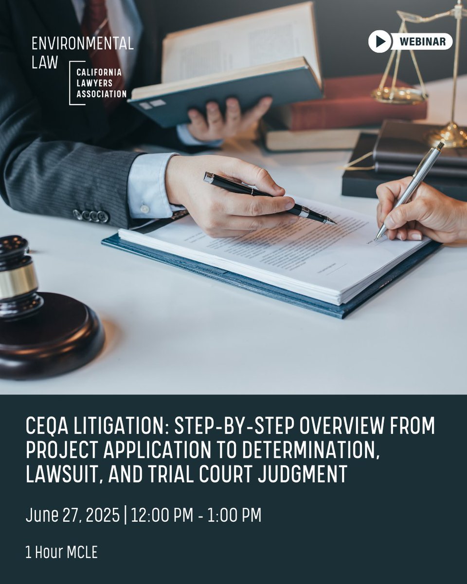 Free Live Webinar
🗓 June 27 | 12:00 PM
 1 Hour MCLE Credit

🎟 Register Now: calawyers.org/event/ceqa-lit…

 💵 Members: $55 | Non-Members: $75

#CEQA #EnvironmentalLaw #MCLE #LegalWebinar #LandUseLaw #CaliforniaLaw #LitigationTraining #AttorneyEducation #SteveVelyvis #BurkeLaw #CLA