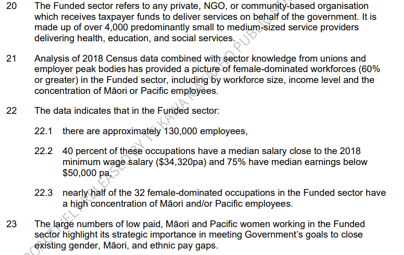 so y'know how the govt has gone on about the 'funded sector' being the reason that Pay Equity costs had 'blown out'. This is what the profile of workers in that sector is:  (Govt funded, mostly women and 75% of them earning less than $50,000)