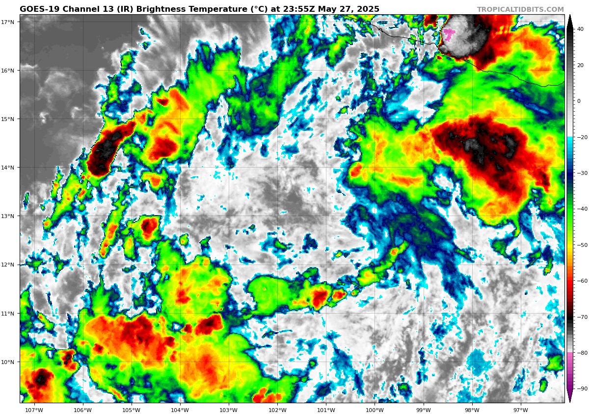 Showers and thunderstorms are becoming more numerous for 90E as it is in the process of tropical cyclogenesis. The circulation will become more organized, and a tropical depression is expected within the next day.