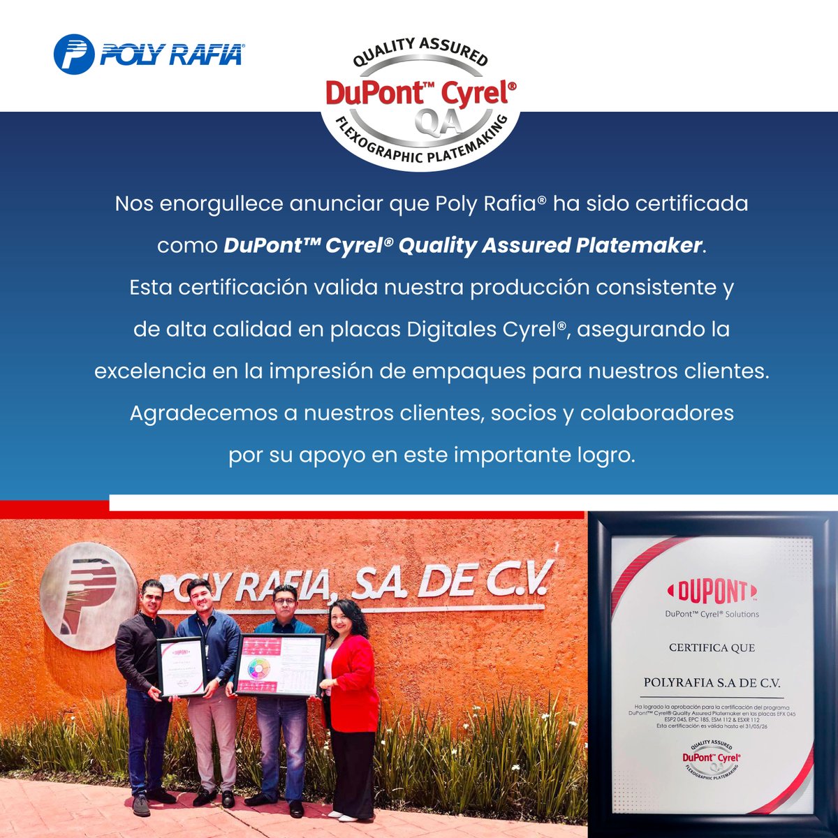 PolyRafiaMX's tweet image. Nos complace anunciar que nuestra compañía Polyrafia, SA de CV se ha certificado como un DuPont™ Cyrel® Quality Assured Platemaker, la cual asegura que existe una producción consistente y de alta calidad en las placas Digitales Cyrel® que ocupamos en la impresión de los diseños.