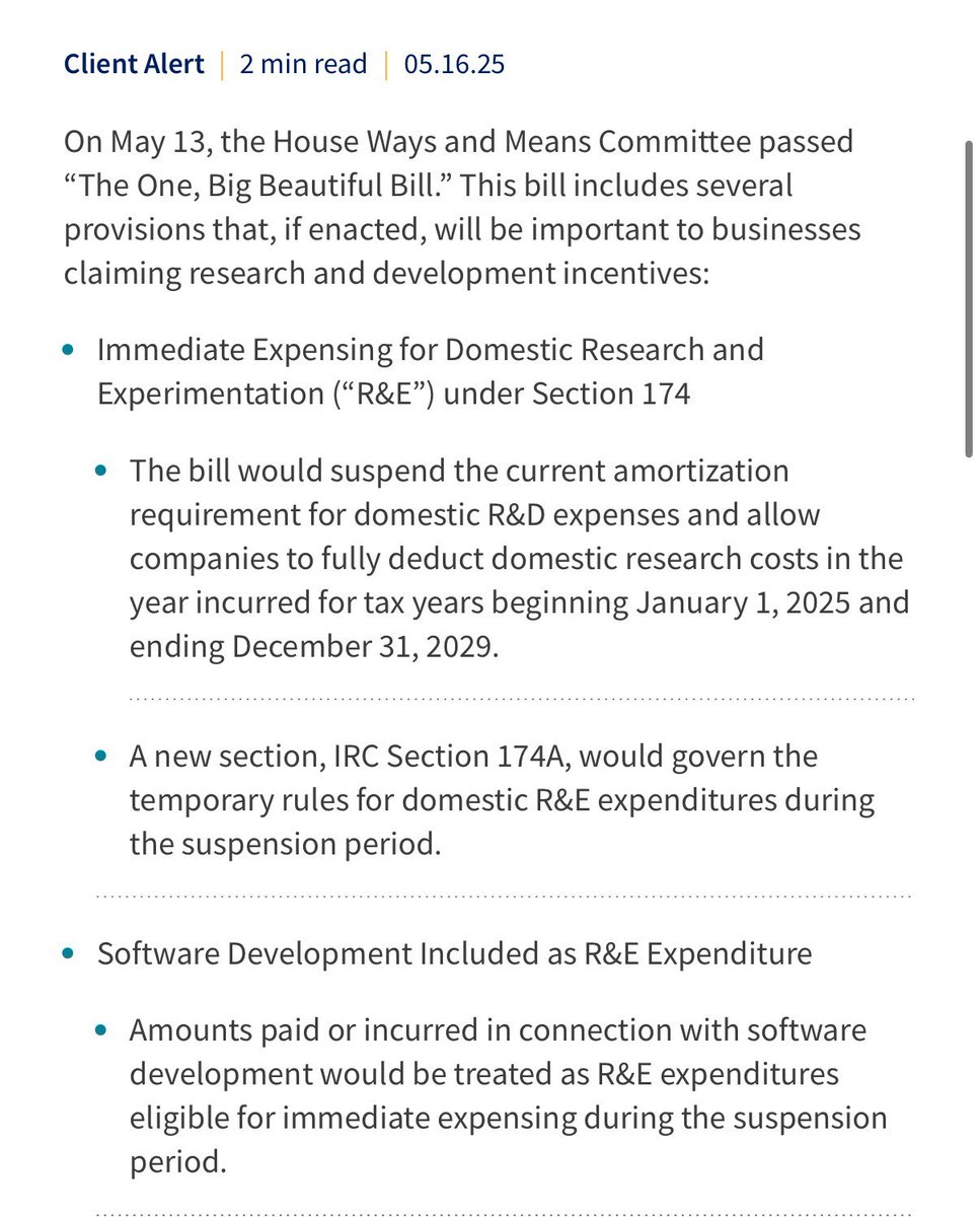 S174 *may* be dead under the new tax bill

Great news for venture-backed startups that are driving material revenue – no longer will we be punished for investing in R&amp;D while driving cashflow