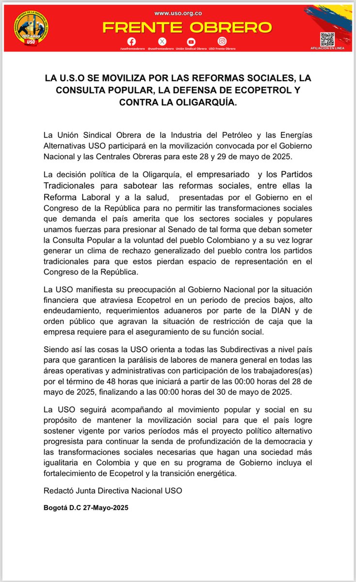 USO Colombia (@usofrenteobrero) on Twitter photo #SomosUSO
La Unión Sindical Obrera de la Industria del Petróleo y las Energías Alternativas USO participará en la movilización convocada por el Gobierno Nacional y las Centrales Obreras para este 28 y 29 de mayo de 2025. <a href="/cutcolombia/">Central Unitaria de Trabajadores</a> <a href="/fabioariascut/">Fabio Arias Giraldo</a> <a href="/cesarloza01/">César Eduardo Loza Arenas</a> <a href="/DanielSossa9/">Daniel Sossa</a> #SomosUSO
La Unión Sindical Obrera de la Industria del Petróleo y las Energías Alternativas USO participará en la movilización convocada por el Gobierno Nacional y las Centrales Obreras para este 28 y 29 de mayo de 2025. <a href="/cutcolombia/">Central Unitaria de Trabajadores</a> <a href="/fabioariascut/">Fabio Arias Giraldo</a> <a href="/cesarloza01/">César Eduardo Loza Arenas</a> <a href="/DanielSossa9/">Daniel Sossa</a>