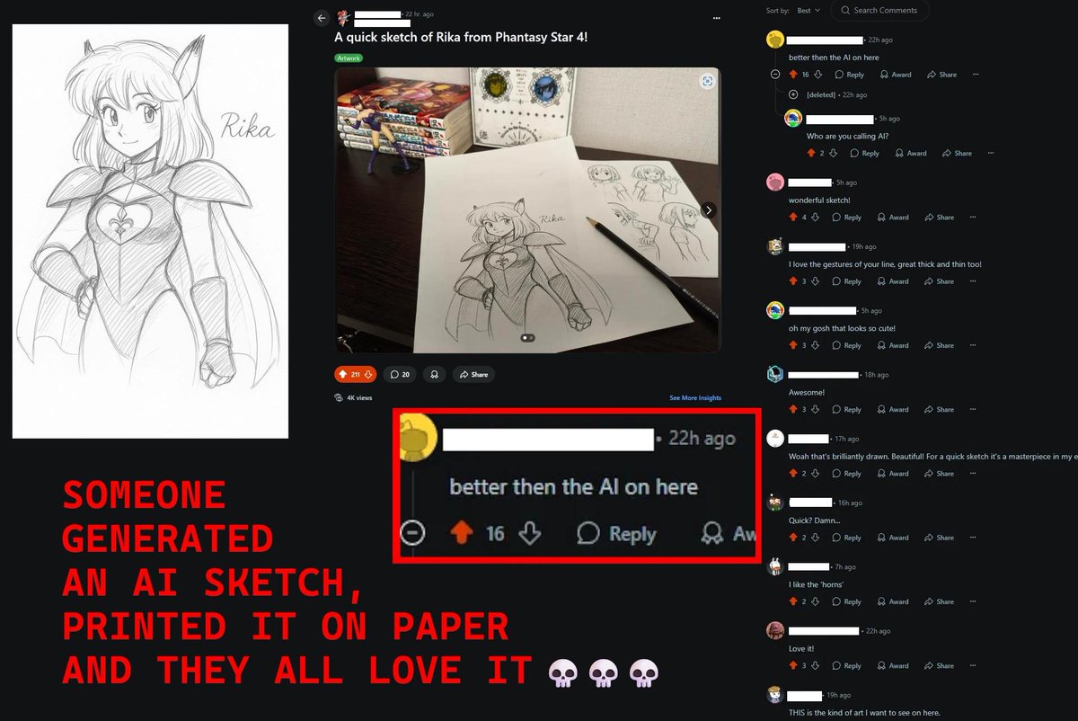 The AI haters have reached new heights, here are some tactics, and cheating they are using plus some fun observations. 

1. They will flip and love you ONLY if you print out AI made sketch on paper and take a photo of it next to a pen... Hilarious.
