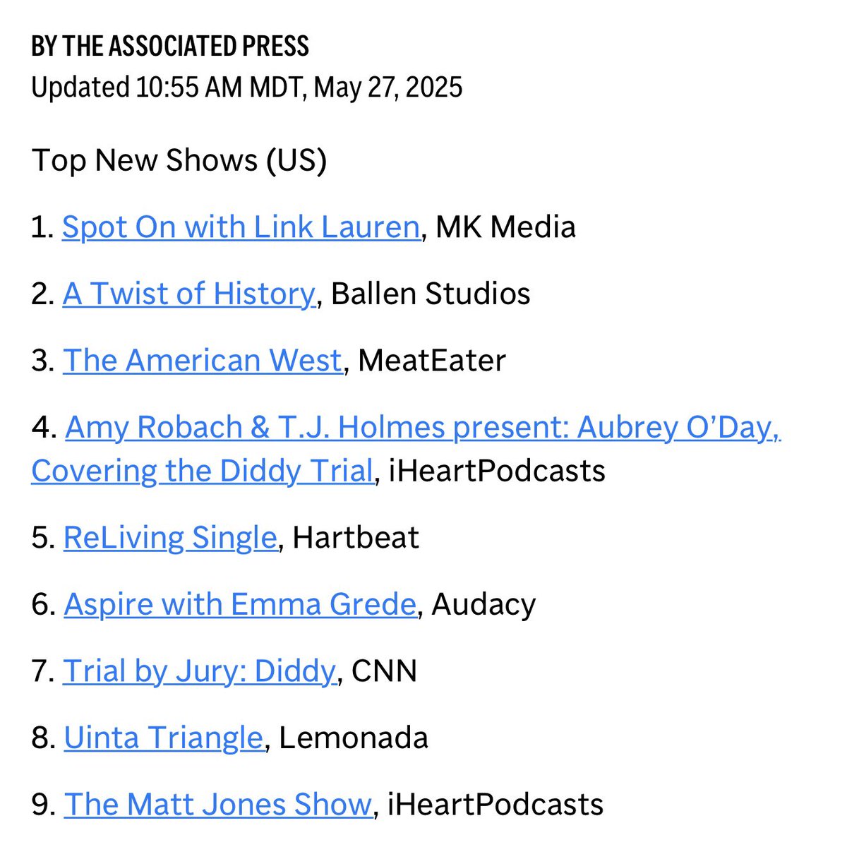 Link Lauren (@itslinklauren) on Twitter photo My show <a href="/spotonwithlink/">Spot On with Link Lauren</a> is officially the TOP NEW PODCAST IN THE UNITED STATES!
We’re just getting started. I’m incredibly grateful to the team. We work our butts off on each episode. Grateful to <a href="/megynkelly/">Megyn Kelly</a> for championing me. And all of you who let me be myself and run my My show <a href="/spotonwithlink/">Spot On with Link Lauren</a> is officially the TOP NEW PODCAST IN THE UNITED STATES!
We’re just getting started. I’m incredibly grateful to the team. We work our butts off on each episode. Grateful to <a href="/megynkelly/">Megyn Kelly</a> for championing me. And all of you who let me be myself and run my
