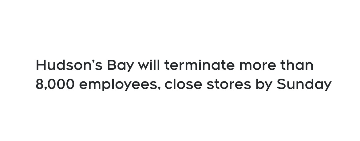 If you want to see what fatigue looks like, walk into the The Bay store in its final days.

8,000 people are losing their jobs, everything is 80% off and parasites are still trying to negotiate things down and walk out of the store stealing.

Pillaging Canada's oldest company to