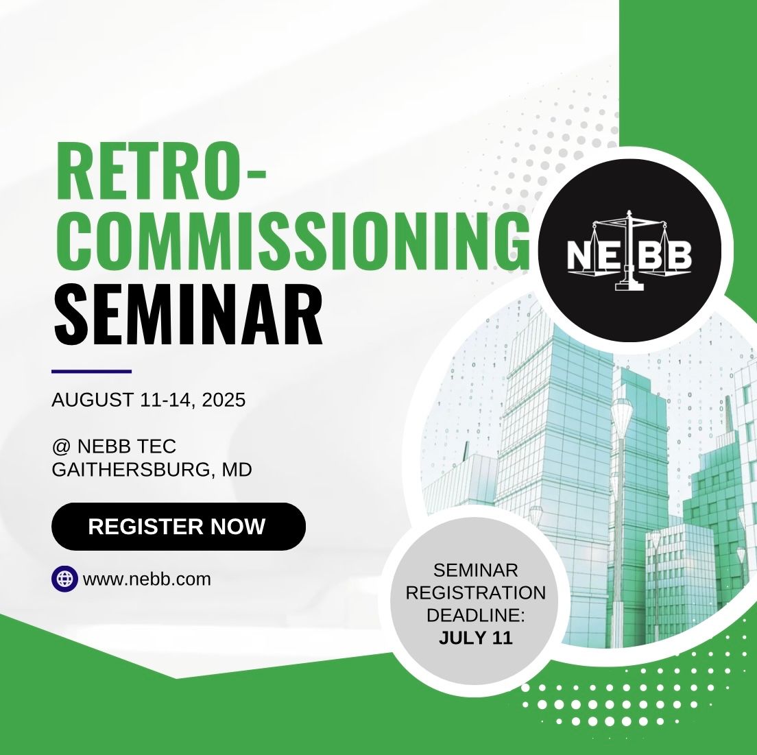 Join NEBB for the next RCX Seminar!

📅 August 11–14, 2025 

Learn to improve building performance via building systems, energy-utilizing equipment, operating schedules and more!

Register now: shorturl.at/9AUHq

#NEBB2025 #NEBBseminars
