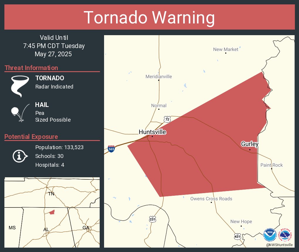 NWStornado's tweet image. Tornado Warning including Huntsville AL and  Gurley AL until 7:45 PM CDT