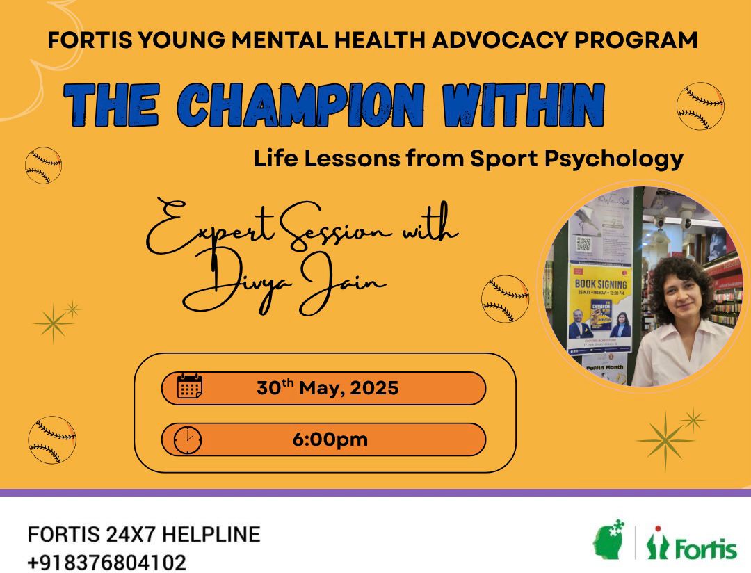fortismentalhealth (@fortis_mhbs) on Twitter photo Fortis Young Mental Health Advocacy Program
‘The Champion Within- Life Lessons from Sport Psychology’ by <a href="/divya_sportpsyc/">Divya Jain</a> with #mindspeakers - Batch of 2025
30th May’25, Friday 6:00pm
#mindspace
#mentalhealth
#advocacy Fortis Young Mental Health Advocacy Program
‘The Champion Within- Life Lessons from Sport Psychology’ by <a href="/divya_sportpsyc/">Divya Jain</a> with #mindspeakers - Batch of 2025
30th May’25, Friday 6:00pm
#mindspace
#mentalhealth
#advocacy