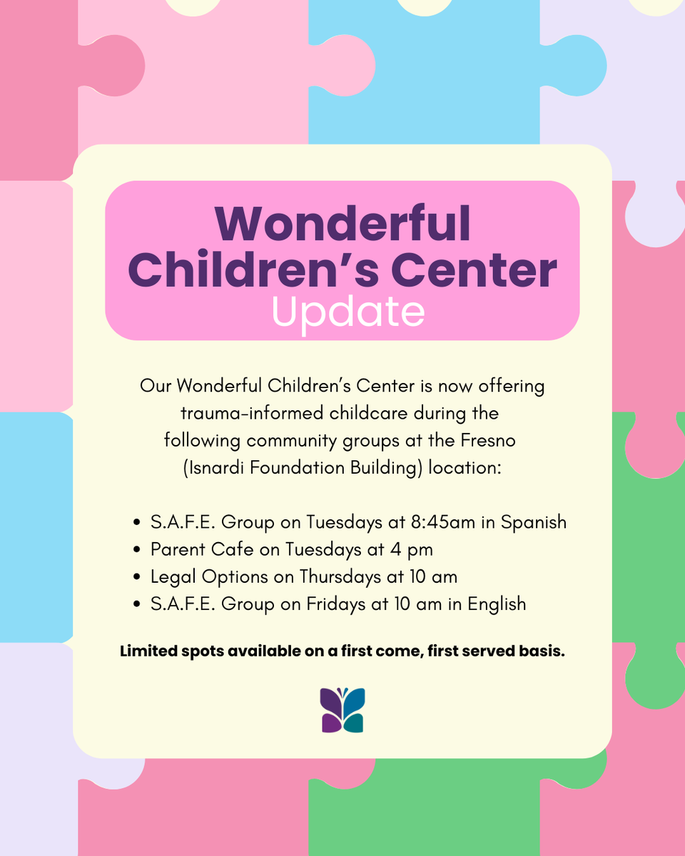 Our Wonderful Children’s Center has expanded! Trauma-informed childcare is now available to parents attending these community groups and classes. Please note that parents must remain on site and in class in order to utilize services in the Wonderful Children’s Center.
