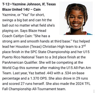 Yazmine Johnson 2028 (@yaz_johnson11) on Twitter photo Thank you <a href="/LineDsoftball/">Line Drive Media</a> for the recognition. It’s an honor to be ranked among a very talented group of athletes. <a href="/blazeunited14/">Blaze United 14U Cain</a> <a href="/CoachCaitlynOSB/">Caitlyn Cain</a> <a href="/BlazeFastpitch/">Texas Blaze</a>
<a href="/vypehouston/">VYPE Houston</a> <a href="/HCHSAthletics/">Houston Christian</a> <a href="/ExtraInningSB/">EXTRA INNING SOFTBALL</a> <a href="/CoastRecruits/">Coast 2 Coast Recruits</a> <a href="/MaxPreps/">MaxPreps</a> <a href="/SoftbalAmerica/">Softball America</a> <a href="/UWAA_United/">United Women’s Athletic Association</a> <a href="/WomensSportsFdn/">Women's Sports Foundation</a> Thank you <a href="/LineDsoftball/">Line Drive Media</a> for the recognition. It’s an honor to be ranked among a very talented group of athletes. <a href="/blazeunited14/">Blaze United 14U Cain</a> <a href="/CoachCaitlynOSB/">Caitlyn Cain</a> <a href="/BlazeFastpitch/">Texas Blaze</a>
<a href="/vypehouston/">VYPE Houston</a> <a href="/HCHSAthletics/">Houston Christian</a> <a href="/ExtraInningSB/">EXTRA INNING SOFTBALL</a> <a href="/CoastRecruits/">Coast 2 Coast Recruits</a> <a href="/MaxPreps/">MaxPreps</a> <a href="/SoftbalAmerica/">Softball America</a> <a href="/UWAA_United/">United Women’s Athletic Association</a> <a href="/WomensSportsFdn/">Women's Sports Foundation</a>