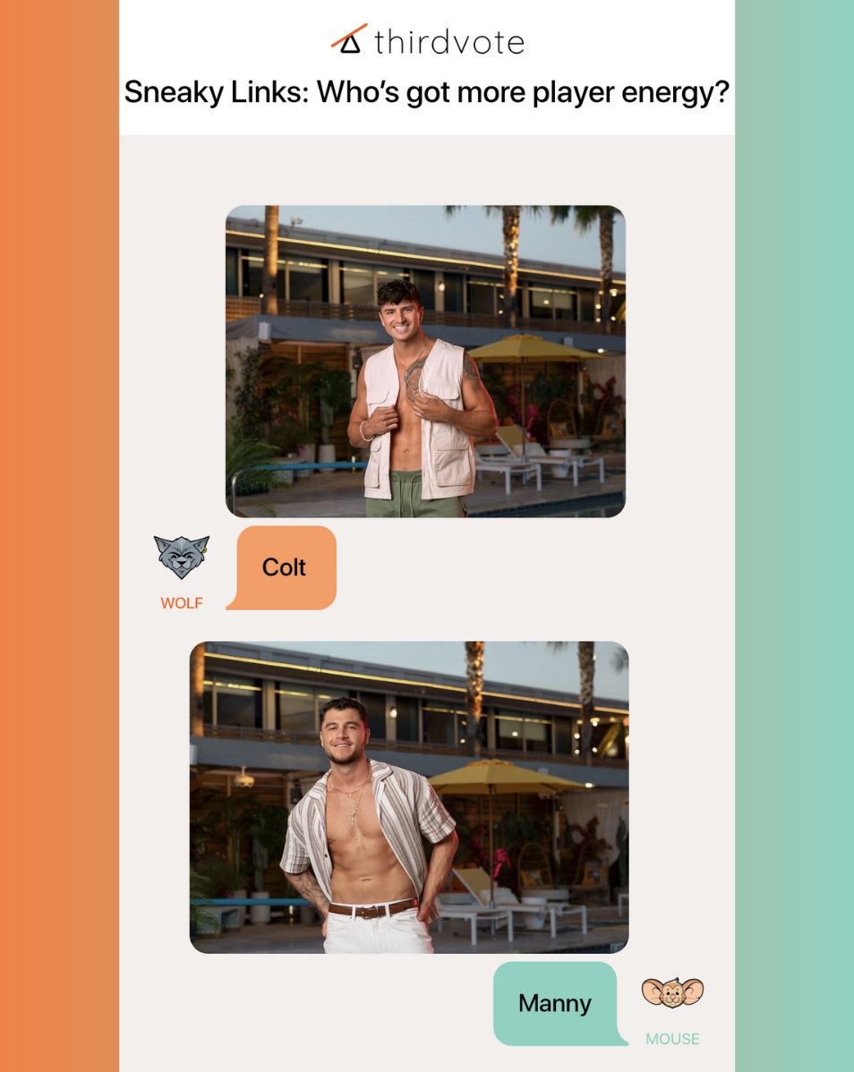 Thirdvote's tweet image. Sneaky Links crowned its king 👑
79% of you said Colt’s not just a player - he’s the Player in Chief!

VOTE
thirdvote-prod.web.app/cases/ea057710…

#Thirdvote #SneakyLinksNetflix #PlayerEnergy #RealityTVDebate #sneaklylinks