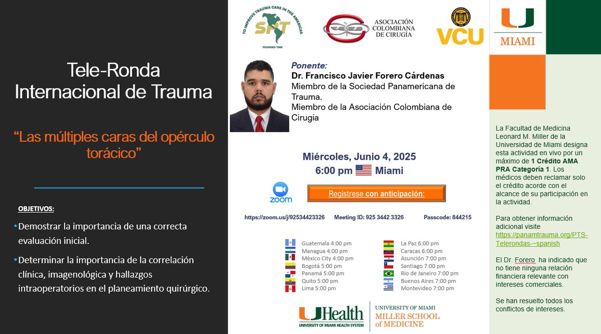 Panamericanadetrauma (@panamtrauma) on Twitter photo Panamericanadetrauma
TELE-RONDAS INTERNACIONALES DE TRAUMA REGISTRESE: zoom.us/j/92534423326 ~ Meeting ID: 925 3442 3326 ~ Passcode: 844215 CONSULTE SU HORA LOCAL ANTES DE UNIRSE A LA REUNIÓN: Visite Panamericanadetrauma
TELE-RONDAS INTERNACIONALES DE TRAUMA REGISTRESE: zoom.us/j/92534423326 ~ Meeting ID: 925 3442 3326 ~ Passcode: 844215 CONSULTE SU HORA LOCAL ANTES DE UNIRSE A LA REUNIÓN: Visite