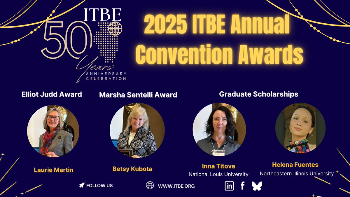 WN_ISU's tweet photo. 📌 Congratulations to the 2025 ITBE Annual Convention Award Winners! 🤩 Join ILTESOL-BE  for our membership benefits 
👉Become an ITBE member now at https://t.co/7WscHxKDRb #ILTESOL #ITBE #BilingualEducation #ITBEnow https://t.co/KblukbbmVx