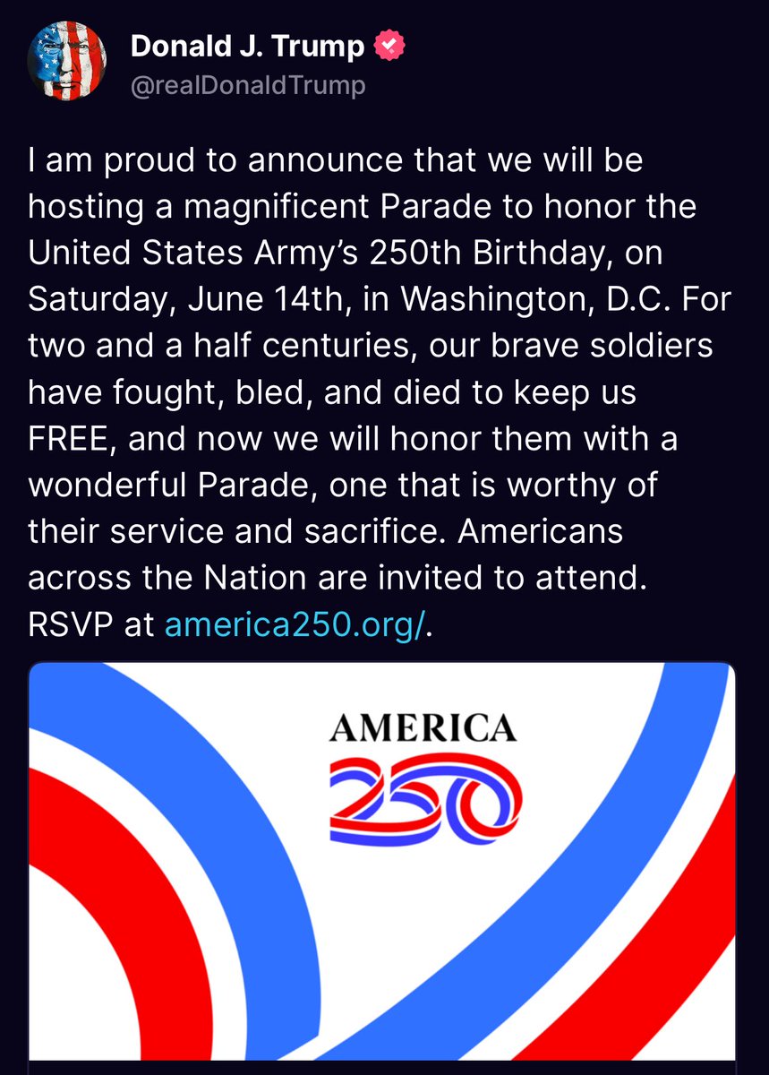 Hope to see you at the Army’s 250th Birthday Parade on June 14th! 

RSVP: events.america250.org/events/250th-a…