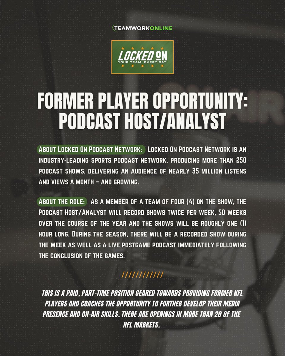 In collaboration with Teamwork Online, the NFLPA Former Player Services is proud to bring you an exclusive opportunity. Locked On Podcast Network is looking for former NFL Players and Coaches to join their various team-related podcasts.

Learn more about the opportunity here: