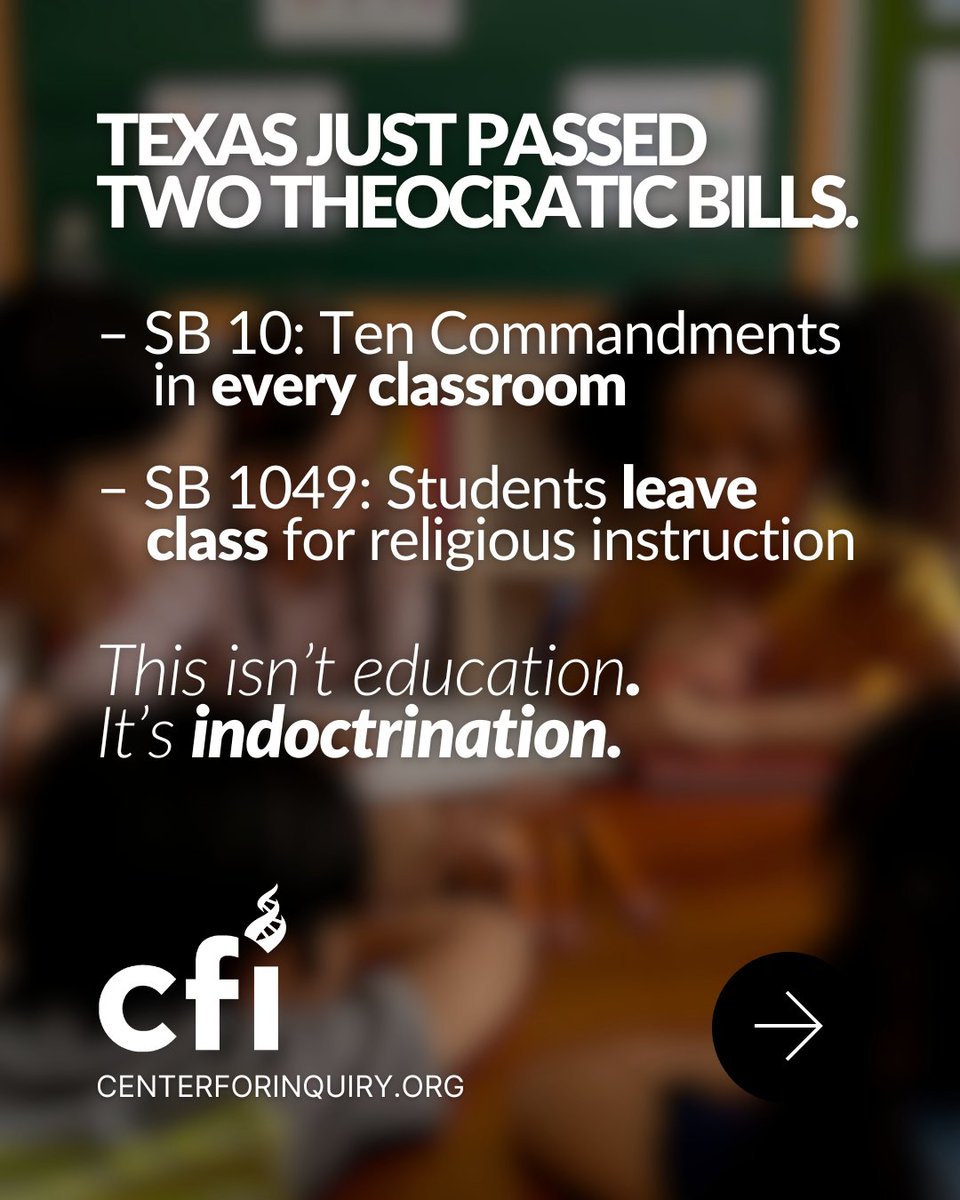 center4inquiry's tweet image. ICYMI, Texas passed two wild bills:
👉 SB 10: Ten Commandments in every classroom
👉 SB 1049: Religious instruction during school hours

This isn’t harmless. It’s unconstitutional.

Tell @GregAbbott_TX to veto both: ow.ly/uQYF50VZKb2

#ChurchAndState #SecularEducation