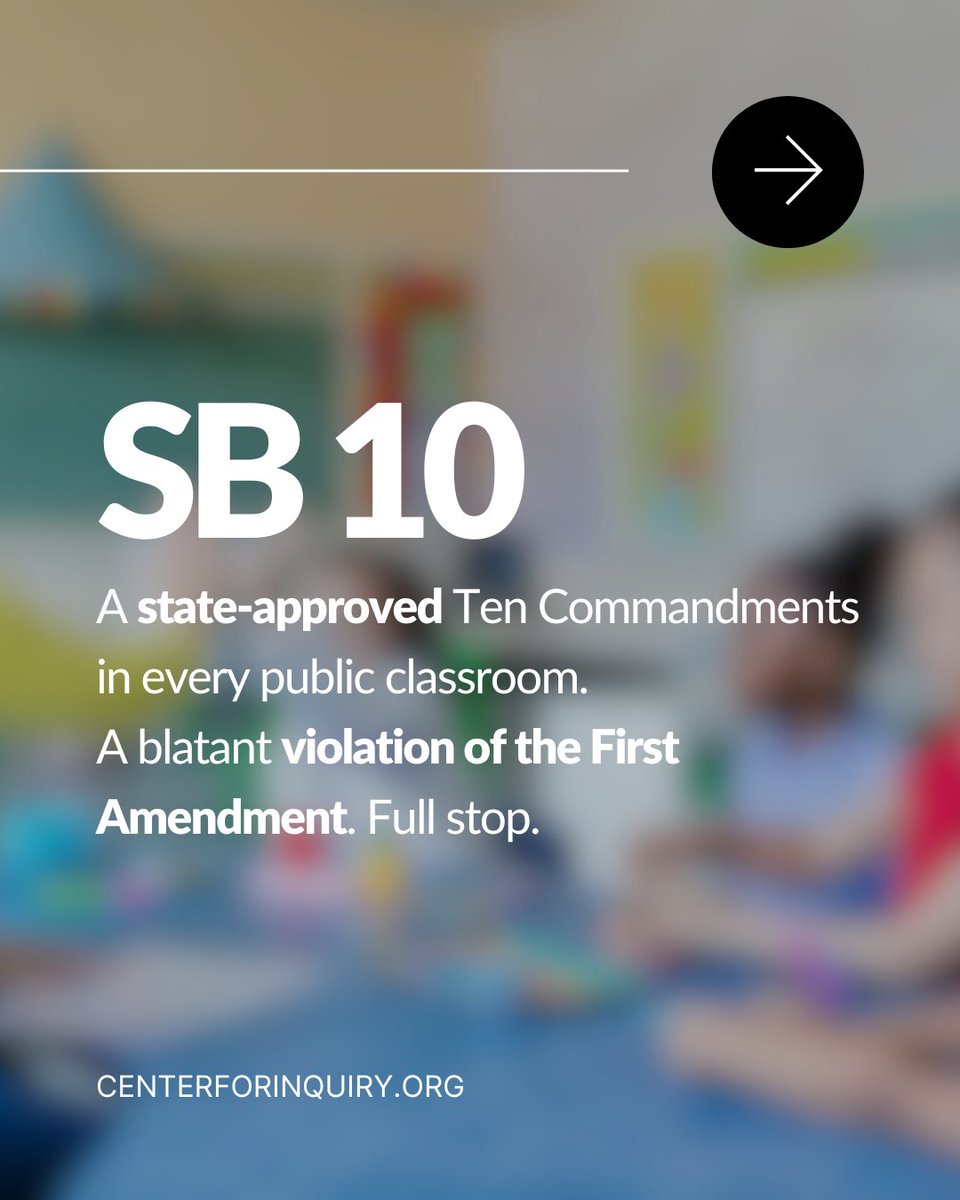 center4inquiry's tweet image. ICYMI, Texas passed two wild bills:
👉 SB 10: Ten Commandments in every classroom
👉 SB 1049: Religious instruction during school hours

This isn’t harmless. It’s unconstitutional.

Tell @GregAbbott_TX to veto both: ow.ly/uQYF50VZKb2

#ChurchAndState #SecularEducation