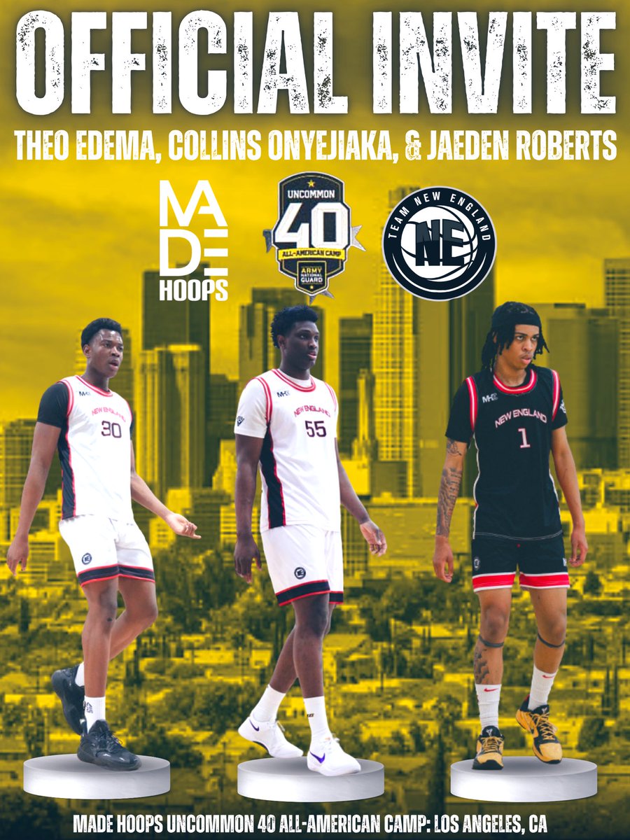 Team New England Basketball Club (@tnebballclub) on Twitter photo Our guys 🛫 to LA in a few days for the <a href="/madehoops/">MADE Hoops</a> <a href="/USArmy/">U.S. Army</a> <a href="/NationalGuard/">National Guard</a> Uncommon 40 AA Camp‼️
Top players in the country ready to compete against each other.
Hunting season continues 🎯
2027: <a href="/Theophilousedem/">Theophilous Edema</a>
2026: <a href="/Collins32486199/">Collins Chidera Onyejiaka</a> x <a href="/Jaeden_Roberts2/">Jaeden Roberts</a>
#TheHomeTeam Our guys 🛫 to LA in a few days for the <a href="/madehoops/">MADE Hoops</a> <a href="/USArmy/">U.S. Army</a> <a href="/NationalGuard/">National Guard</a> Uncommon 40 AA Camp‼️
Top players in the country ready to compete against each other.
Hunting season continues 🎯
2027: <a href="/Theophilousedem/">Theophilous Edema</a>
2026: <a href="/Collins32486199/">Collins Chidera Onyejiaka</a> x <a href="/Jaeden_Roberts2/">Jaeden Roberts</a>
#TheHomeTeam