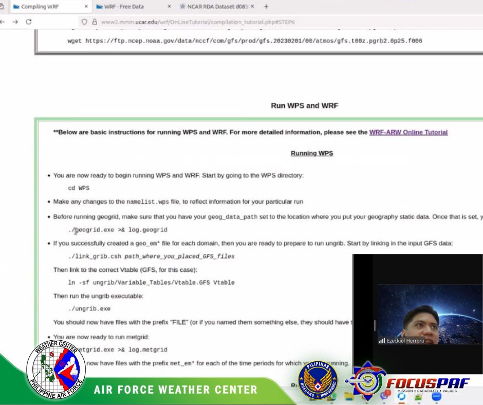 afwc_2025's tweet photo. 🌦️ CWFD, led by MAJ WYNDELL P GONZALES PAF, joined a WRF Workshop via VTC with PhilSA.

Engr. Ezeckiel B. Herrera shared insights on WRF system use &amp; tailored forecasting. 🌍🛰️

#WRFWorkshop #PhilSA https://t.co/rYoJSxjmWo