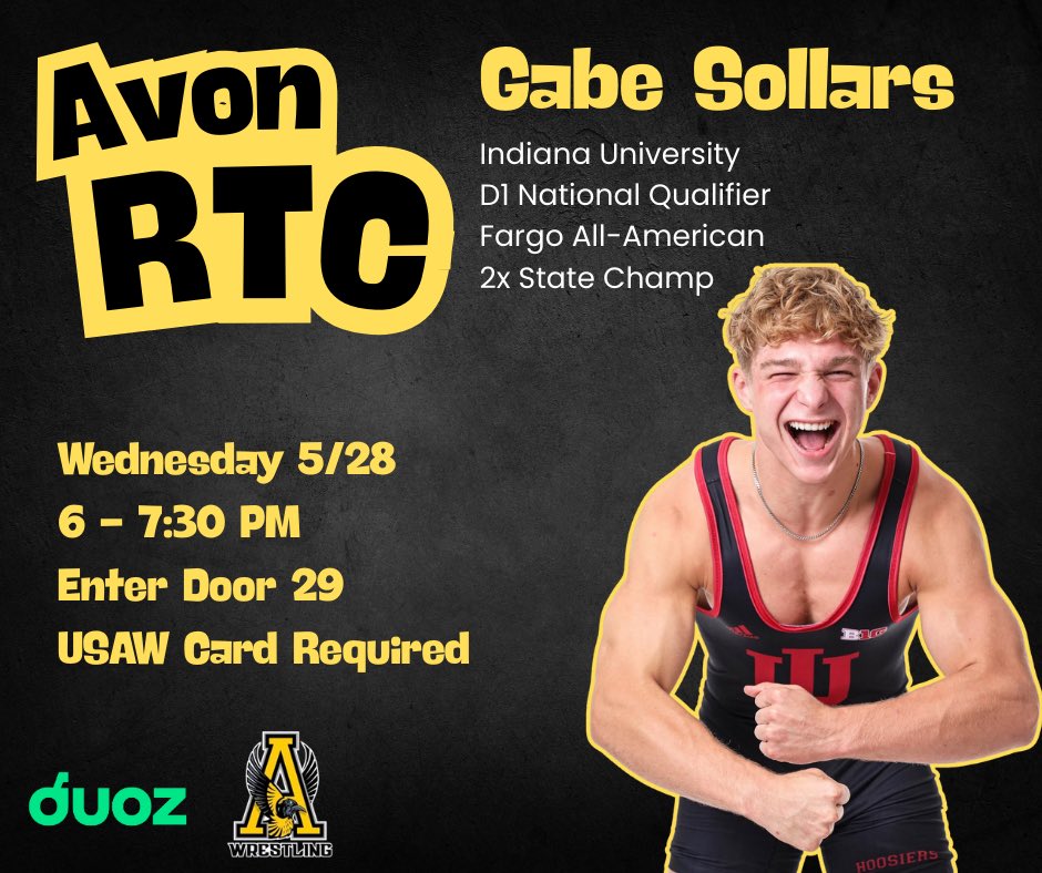 Avon RTC 5/28/25

Gabe Sollars from <a href="/IndianaWR/">Indiana Wrestling</a> will be this week's clinician. 

- 2025 D1 National Qualifier
- 6th at U20 World Team Trials
- 2x IHSAA State Champion
- JR Greco Fargo All-American
- Super 32 All-American

6:00-7:30 pm. Enter Door 29. USAW Card Required. <a href="/iswausaw/">@iswausaw</a>