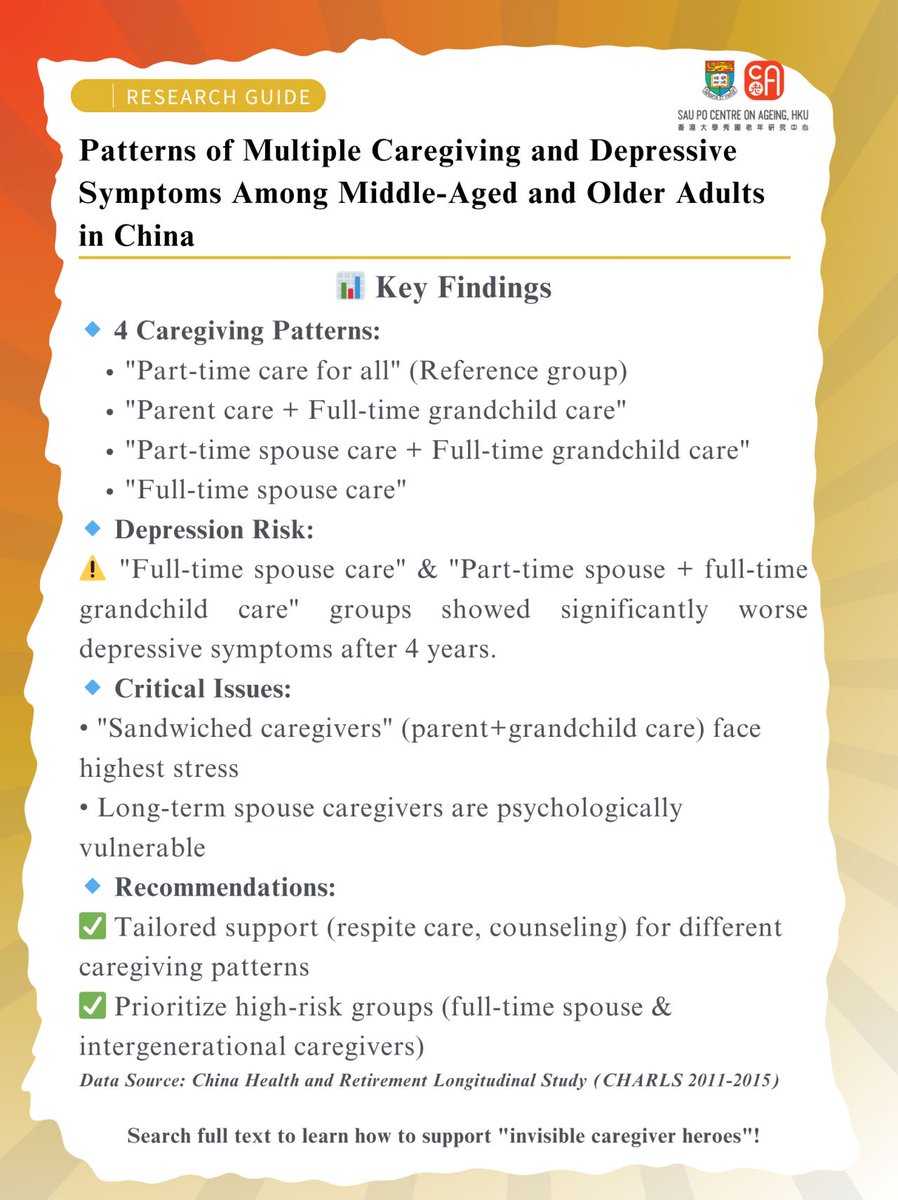 📊 研究發現：
• 全職照顧配偶 或 湊孫+照顧老伴 嘅老友記，4年後抑鬱風險明顯更高
• "三文治一代"（同時照顧父母同孫輩）心理壓力最大
💡 專家建議：
社會服務要針對唔同照顧模式，特別係高風險群體！
👉 撳入嚟了解點樣支援身邊嘅"隱形照顧者"
#健康 #照顧者壓力 #情緒支援 #社會政策
