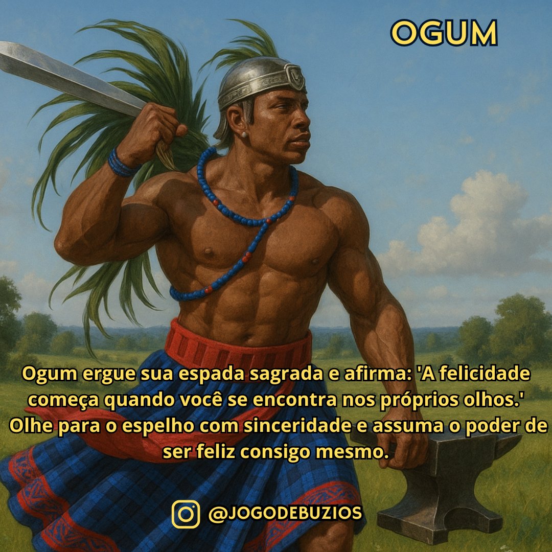 candomble's tweet image. &quot;Ogum ergue sua espada sagrada e afirma: &apos;A felicidade começa quando você se encontra nos próprios olhos.&apos; Olhe para o espelho com sinceridade e assuma o poder de ser feliz consigo mesmo. 
#ForçaDeOgum #FelicidadeInterior #AutoconhecimentoÉPoder&quot;
Instagram.com/jogodebuzios
