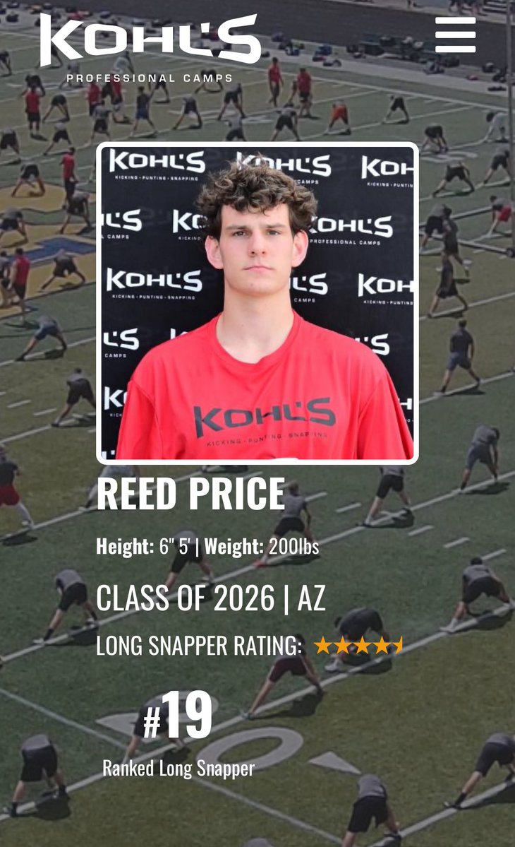 Reed Price (@reedprice81) on Twitter photo So grateful to be ranked a 4.5⭐️ by <a href="/KohlsSnapping/">Kohl's Snapping Camps</a> at 19th in the country and 2nd in AZ!!
<a href="/HighlandHawksFB/">Highland Hawks Football</a> <a href="/brian_mcnamara9/">Brian McNamara</a> <a href="/steverausch17/">Rausch Kicking</a> <a href="/Coach_Casper/">Coach Casey Casper</a> So grateful to be ranked a 4.5⭐️ by <a href="/KohlsSnapping/">Kohl's Snapping Camps</a> at 19th in the country and 2nd in AZ!!
<a href="/HighlandHawksFB/">Highland Hawks Football</a> <a href="/brian_mcnamara9/">Brian McNamara</a> <a href="/steverausch17/">Rausch Kicking</a> <a href="/Coach_Casper/">Coach Casey Casper</a>