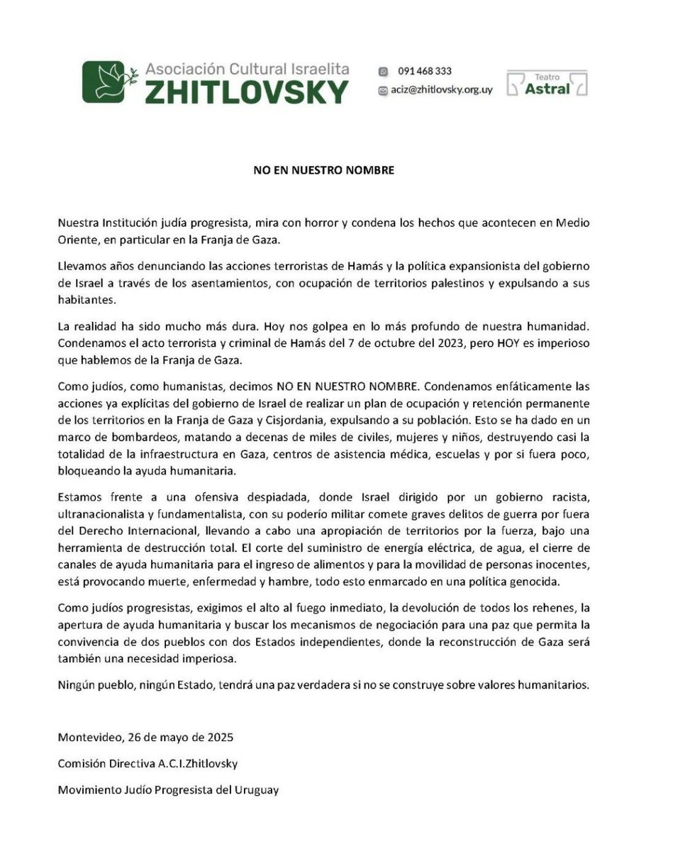Valioso, y valiente, declaración de la colectividad judía progresista organizada en torno a la Asociación Zhitlovsky.