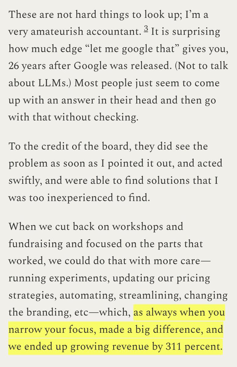 > hired to work in art gallery café

> get bored making coffee

> decide to look at the books

> discover 2 of 3 "income sources" are actually cost centers

> convince board to pivot business model

> revenue up 311%