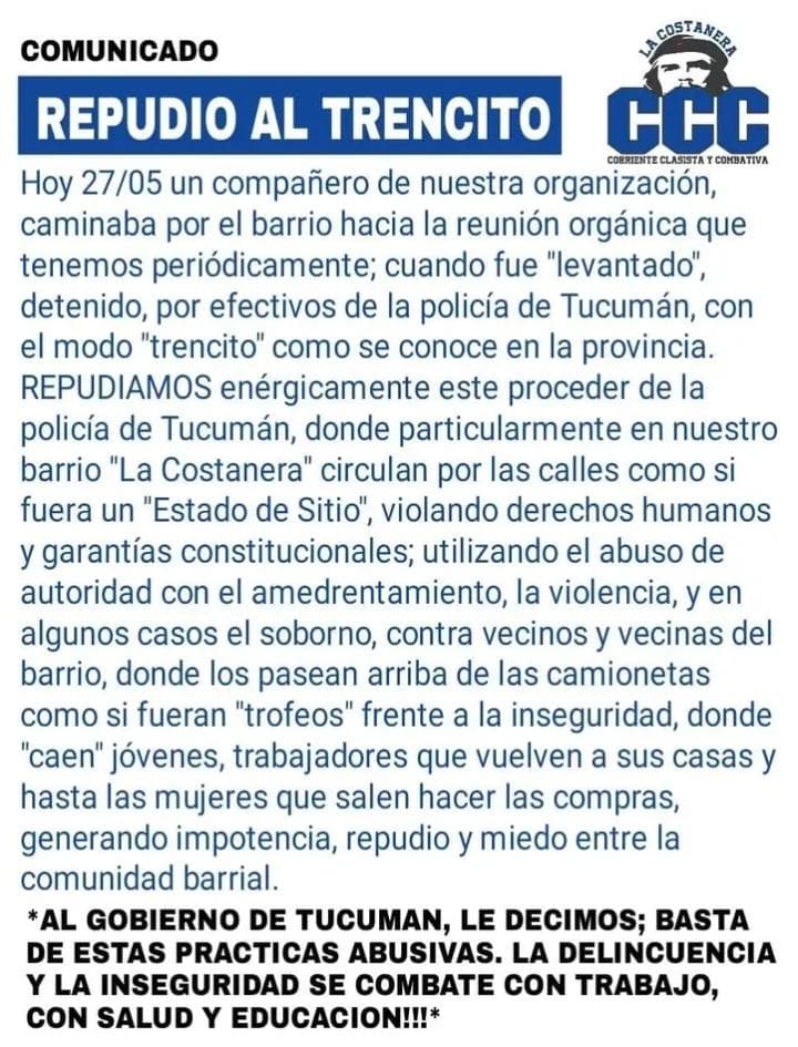 COMUNICADO DE SOLIDARIDAD
Desde la Asociación Campesina de Tucumán (FNC), expresamos nuestra más profunda solidaridad con los y las compañeras de la Corriente Clasista y Combativa (CCC) – La Costanera, frente al accionar represivo y violento de las fuerzas policiales de Tucumán