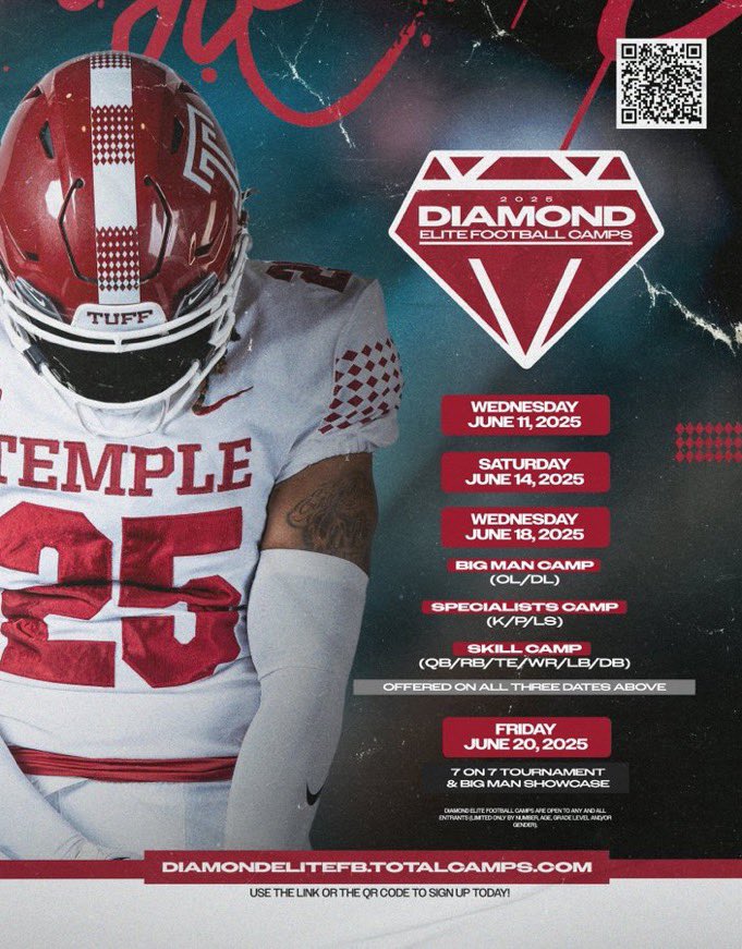 Chris Zarkoskie (@coachzar) on Twitter photo Great opportunities to compete on 10th and Diamond in June!!
<a href="/Temple_FB/">Temple Football</a>
Registration: diamondelitefb.totalcamps.com
#TempleTuff Great opportunities to compete on 10th and Diamond in June!!
<a href="/Temple_FB/">Temple Football</a>
Registration: diamondelitefb.totalcamps.com
#TempleTuff