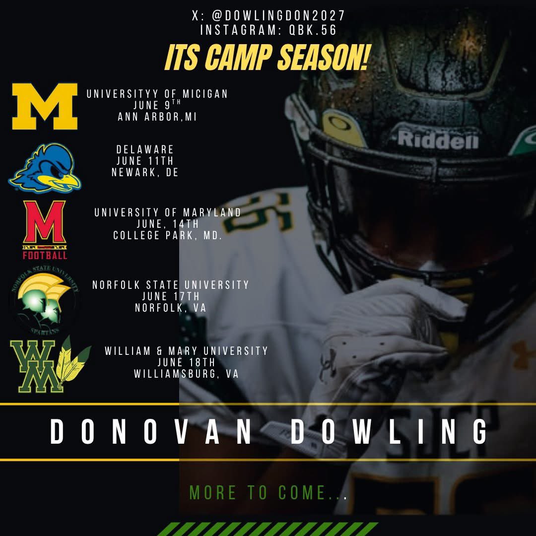 Camp season line up 
#football #campseason #recruit 
<a href="/SJCP_VikingsFB/">Saint John’s Catholic Prep ~ Vikings Football</a> <a href="/UMichFootball/">Michigan Football</a> <a href="/NorfolkStateFB/">Norfolk State Football 🔰</a> <a href="/Delaware_FB/">Delaware Football</a> <a href="/WMTribeFootball/">William & Mary Tribe Football</a> <a href="/TerpsFootball/">Maryland Football</a>
