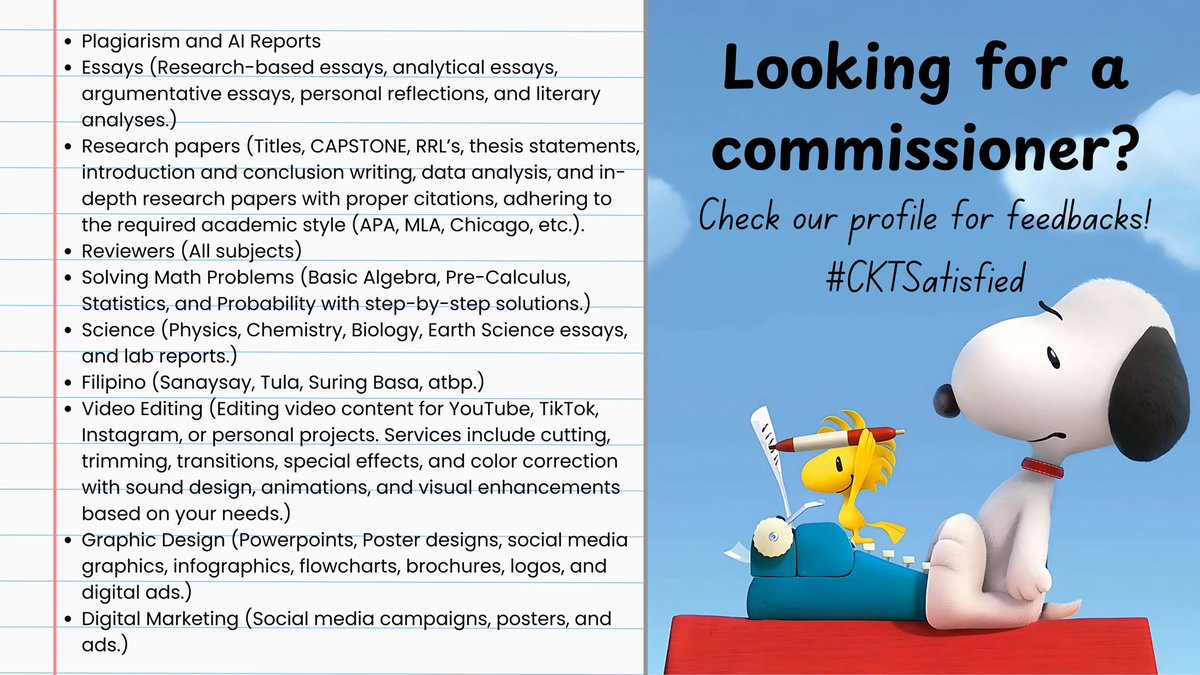 Overwhelmed with schoolwork or projects? 💻✍️

Let Commission Ko ‘To handle it for you! We deliver high quality work for an affordable price! ✨

#FeedbackKoTo
#commsX

❀Tags: lf clients academic commissioners research commissioners thesis commissioners graphic designer