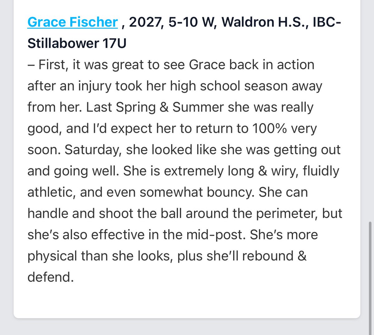 Grace Fischer (@gracefischer27) on Twitter photo Thank you <a href="/PGHIndiana/">Prep Girls Hoops Indiana</a> for the recognition!
<a href="/IBC16US40/">Indiana Basketball Club 16U S40</a> <a href="/IBCWBB/">Indiana Basketball Club</a> <a href="/LadyMohawkBball/">Lady Mohawk Basketball</a> Thank you <a href="/PGHIndiana/">Prep Girls Hoops Indiana</a> for the recognition!
<a href="/IBC16US40/">Indiana Basketball Club 16U S40</a> <a href="/IBCWBB/">Indiana Basketball Club</a> <a href="/LadyMohawkBball/">Lady Mohawk Basketball</a>