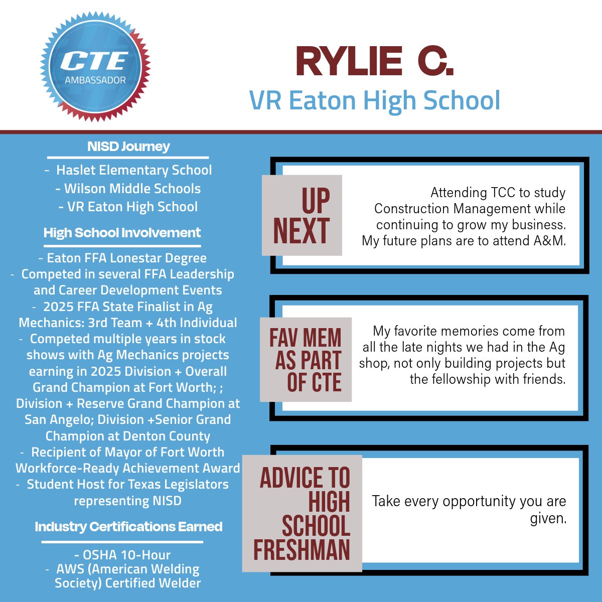 NISD CTE (@nisdcte) on Twitter photo 🎓Congrats to Class of '25 NISD CTE Ambassador RYLIE C. | Applied Ag Engineering <a href="/EatonHighSchool/">Eaton Eagles</a>🍎Rylie would like to recognize CTE teacher Chase Pulley for the dedication he shows and sacrifices he makes for students. Read about Rylie⬇️ 🎓Congrats to Class of '25 NISD CTE Ambassador RYLIE C. | Applied Ag Engineering <a href="/EatonHighSchool/">Eaton Eagles</a>🍎Rylie would like to recognize CTE teacher Chase Pulley for the dedication he shows and sacrifices he makes for students. Read about Rylie⬇️