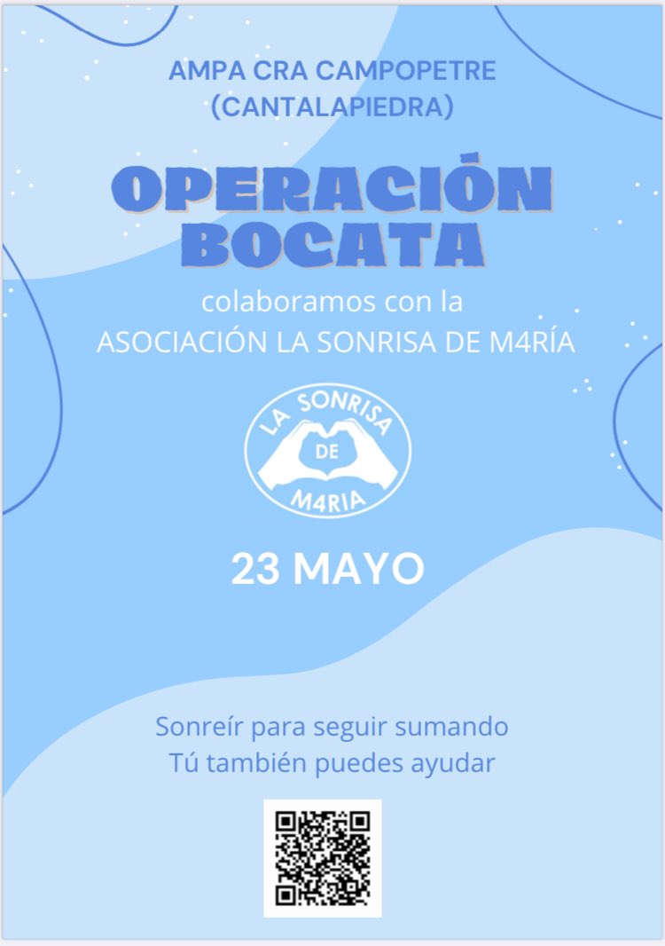 campopetre's tweet photo. ¡Operación Bocata! Este año la recaudación de nuestro AMPA será destinada a la ASOCIACIÓN LA SONRISA DE MARÍA 🩵🩵🩵 https://t.co/cwbBc1KcuB