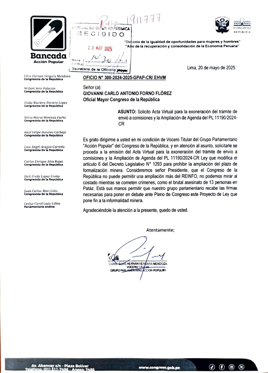 🚨Desde nuestra bancada Acción Popular pedimos que se debata de inmediato el proyecto de ley que prohíbe seguir ampliando el #REINFO, el registro que hoy protege a miles de mineros informales.
¡No más retrasos mientras ocurren tragedias como la de Pataz! El Congreso debe actuar!