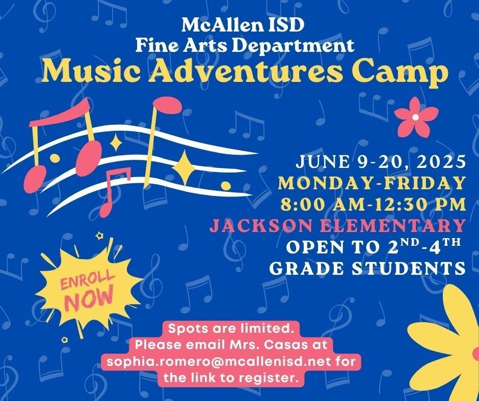 Ben Milam Elementary (@benmilamelem) on Twitter photo Summer Sounds & Smiles!
Unlock your child's creativity at our 2nd-4th Grade McAllen ISD Summer Music Camp! There are limited spots available and are on a first come, first serve basis. Email Mrs. Casas at sophia.romero@mcallenisd.net for the registration link. Summer Sounds & Smiles!
Unlock your child's creativity at our 2nd-4th Grade McAllen ISD Summer Music Camp! There are limited spots available and are on a first come, first serve basis. Email Mrs. Casas at sophia.romero@mcallenisd.net for the registration link.