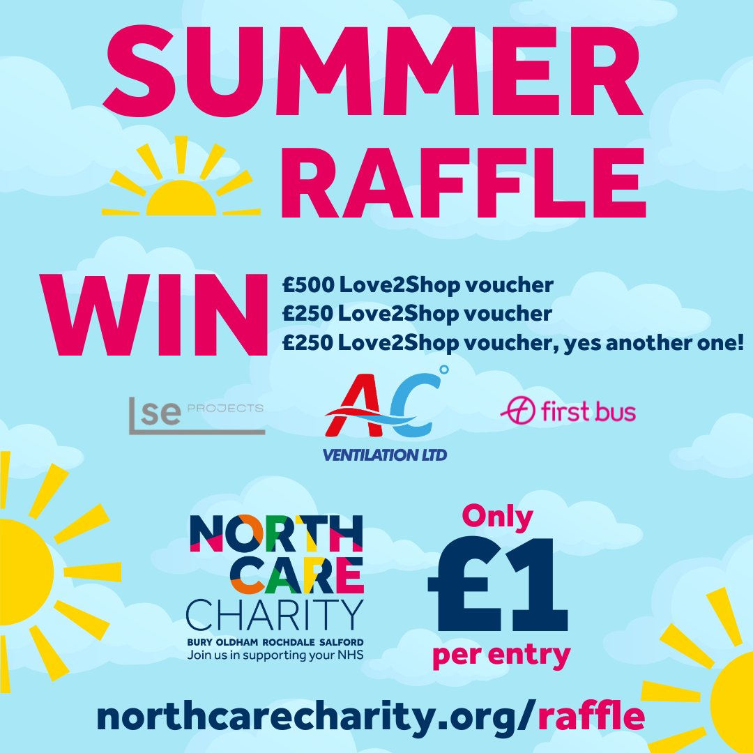 Jess Pollard (@jess_pollard) on Twitter photo Our <a href="/NCareCharity/">NorthCare Charity π</a> #SummerRaffle is back β Be in with a chance to win Β£500 Love2Shop voucher, donated by Air Conditioning and Ventilation, for just Β£1 per entry! Great second and third prizes of Β£250 each too π Enter now at northcarecharity.org/raffle
<a href="/NCAlliance_NHS/">Northern Care Alliance NHS Foundation Trust (NCA)</a> <a href="/Oldham_Hour/">Oldham Hour</a> Our <a href="/NCareCharity/">NorthCare Charity π</a> #SummerRaffle is back β Be in with a chance to win Β£500 Love2Shop voucher, donated by Air Conditioning and Ventilation, for just Β£1 per entry! Great second and third prizes of Β£250 each too π Enter now at northcarecharity.org/raffle
<a href="/NCAlliance_NHS/">Northern Care Alliance NHS Foundation Trust (NCA)</a> <a href="/Oldham_Hour/">Oldham Hour</a>