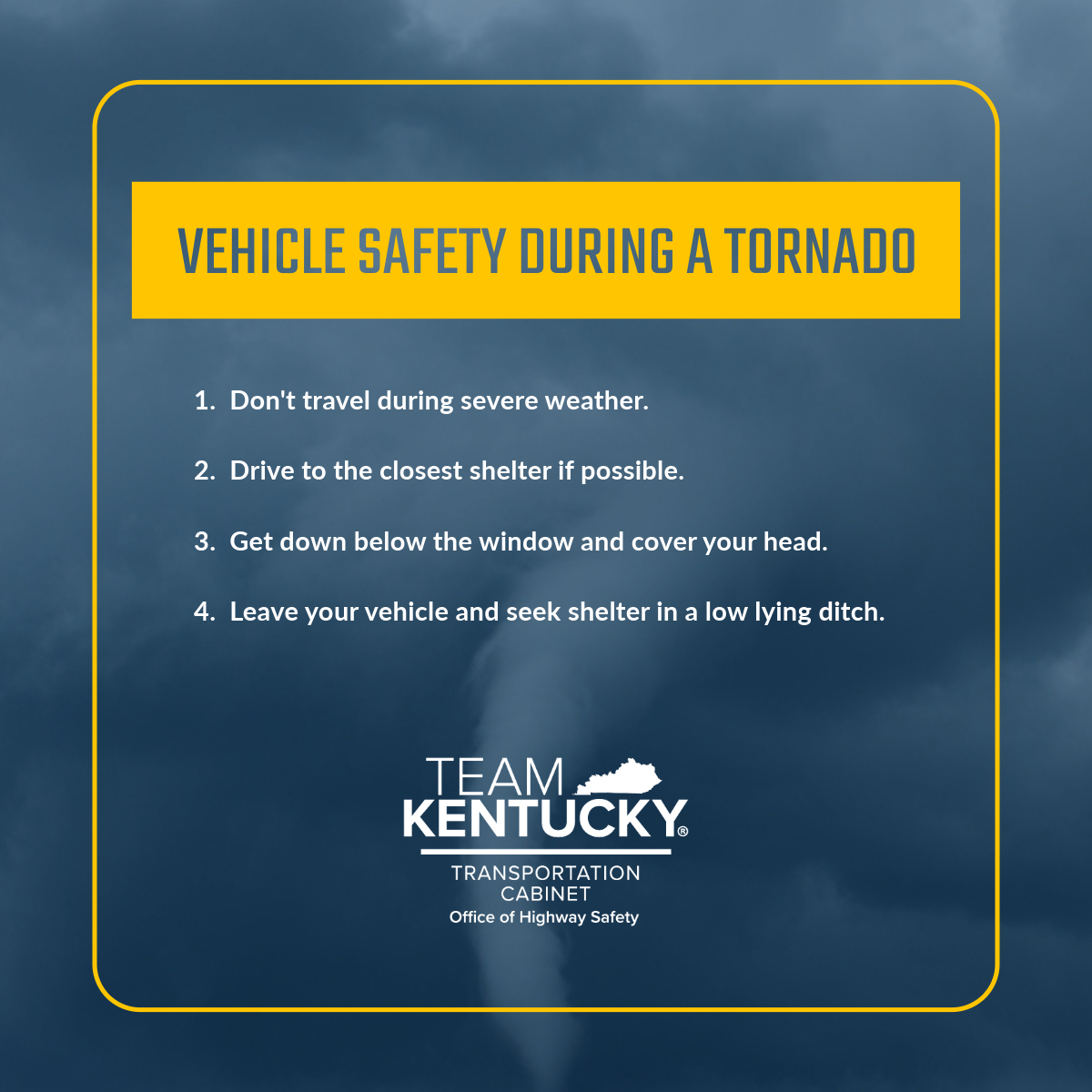 Don’t try to outrun a tornado if you’re trapped in your vehicle. If possible, seek shelter in a sturdy building. If none is nearby, park safely, keep your seatbelt on, and lower your head below window level, covering with a blanket or jacket if available. Stay alert, stay safe.