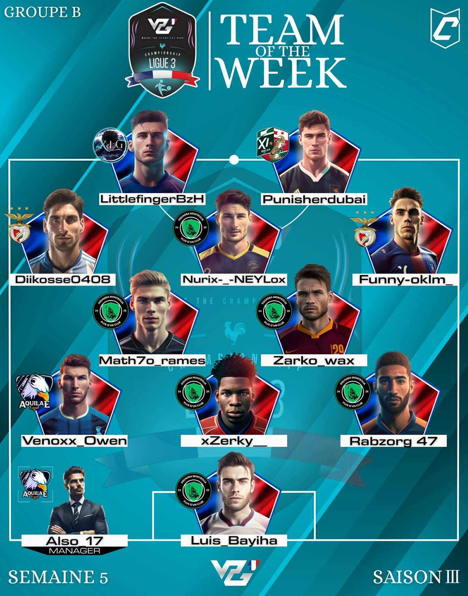 • VPG France

👤 Équipe de la semaine | TOTW
🏆 Ligue 3 A &amp; B
🗓️ Semaine 5

Félicitations aux nominés !