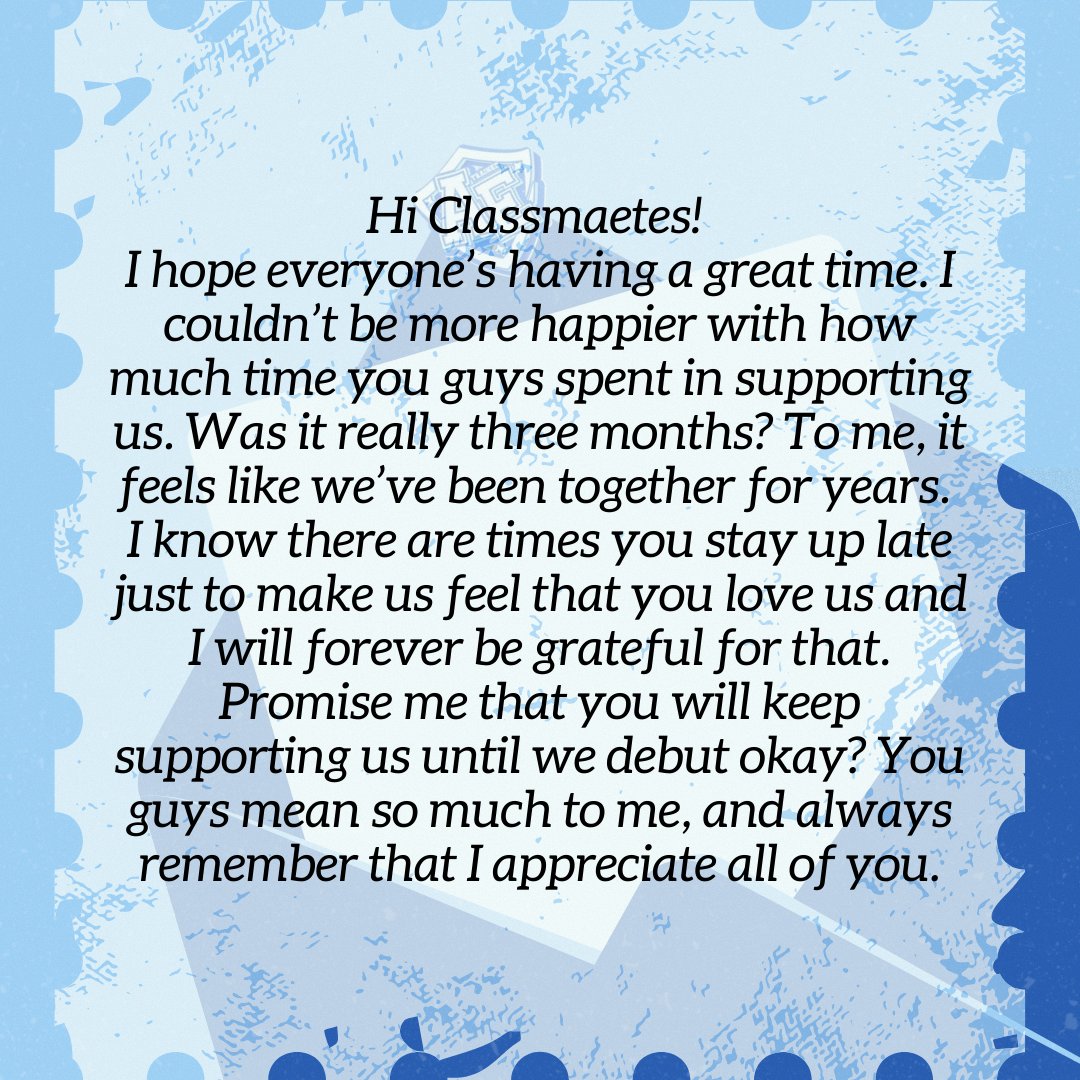 [#TRAINEEAE_FORD] MÆSSAGE

Hello Classmaetes!

Today, we celebrate not just the 3rd Monthsary of Trainee AE, but also the day our Classmaetes family began.

Through every step, your love and support have been our strength—and now, Trainee AE has a heartfelt message just for you.