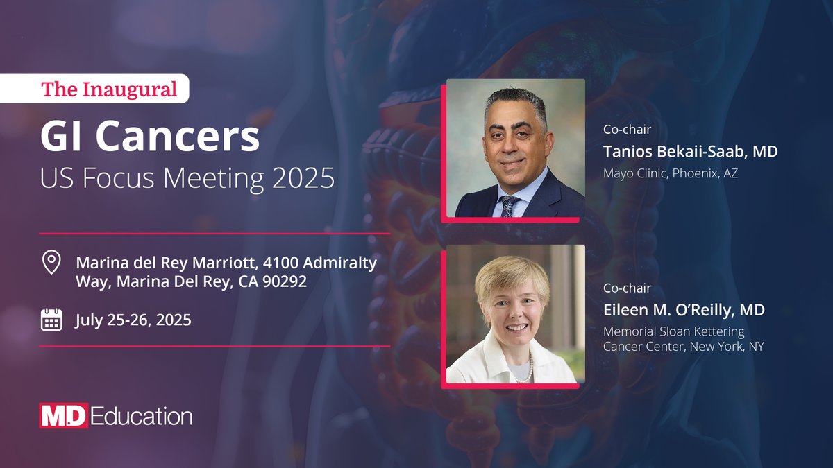 AlexWorthington's tweet photo. Join us in Santa Monica for the inaugural GI Cancers US Focus Meeting 2025.

Topics will include:
 - First-line Chemotherapeutic Options in mPDAC
 - Emerging Treatment landscape in Early-stage BTC
 - Immunotherapy Options in Advanced EGC

@_MDEducation 

#MDEducation https://t.co/zqVrCaYPfn