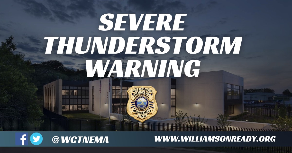 The <a href="/NWSNashville/">NWS Nashville</a> has included Williamson County in a Severe Thunderstorm Warning until 5:00 PM Tues 5/20. Expect hail and wind gusts of 70 mph.
