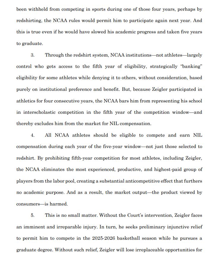 samcehrlich's tweet image. Another eligiblity lawsuit has been filed against the NCAA, this time by Tennessee basketball's Zakai Zeigler.

This is something of a twist from the formula: Zeigler, who has played at UT since his true freshman year in 2021, seeks a fifth year within his eligibility window.