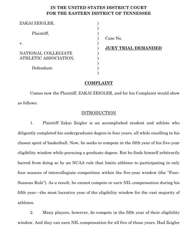 samcehrlich's tweet image. Another eligiblity lawsuit has been filed against the NCAA, this time by Tennessee basketball's Zakai Zeigler.

This is something of a twist from the formula: Zeigler, who has played at UT since his true freshman year in 2021, seeks a fifth year within his eligibility window.
