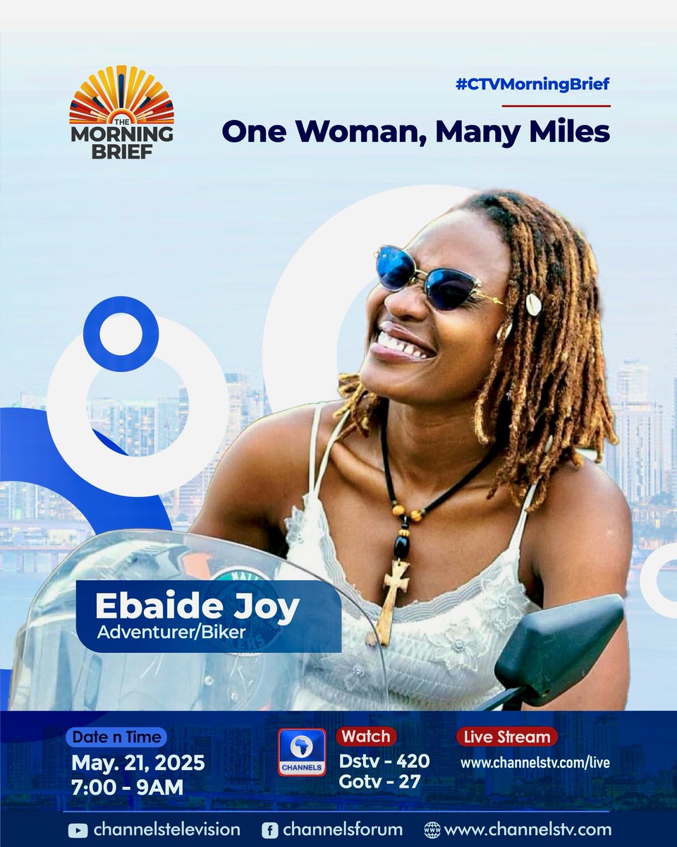 go_ebaide's tweet photo. Catch me on Channels TV tomorrow morning, 7:00- 9:00am. 
Talking:
•22 countries on two wheels
•SA to Kenya ride
•African People’s Records, dropping May 25) and lots more! 

DSTV 420 | GOTV 27 | https://t.co/iCbcS4fIiu
#GoEbaide #Africa #Nigeria https://t.co/2q4u16kOlj