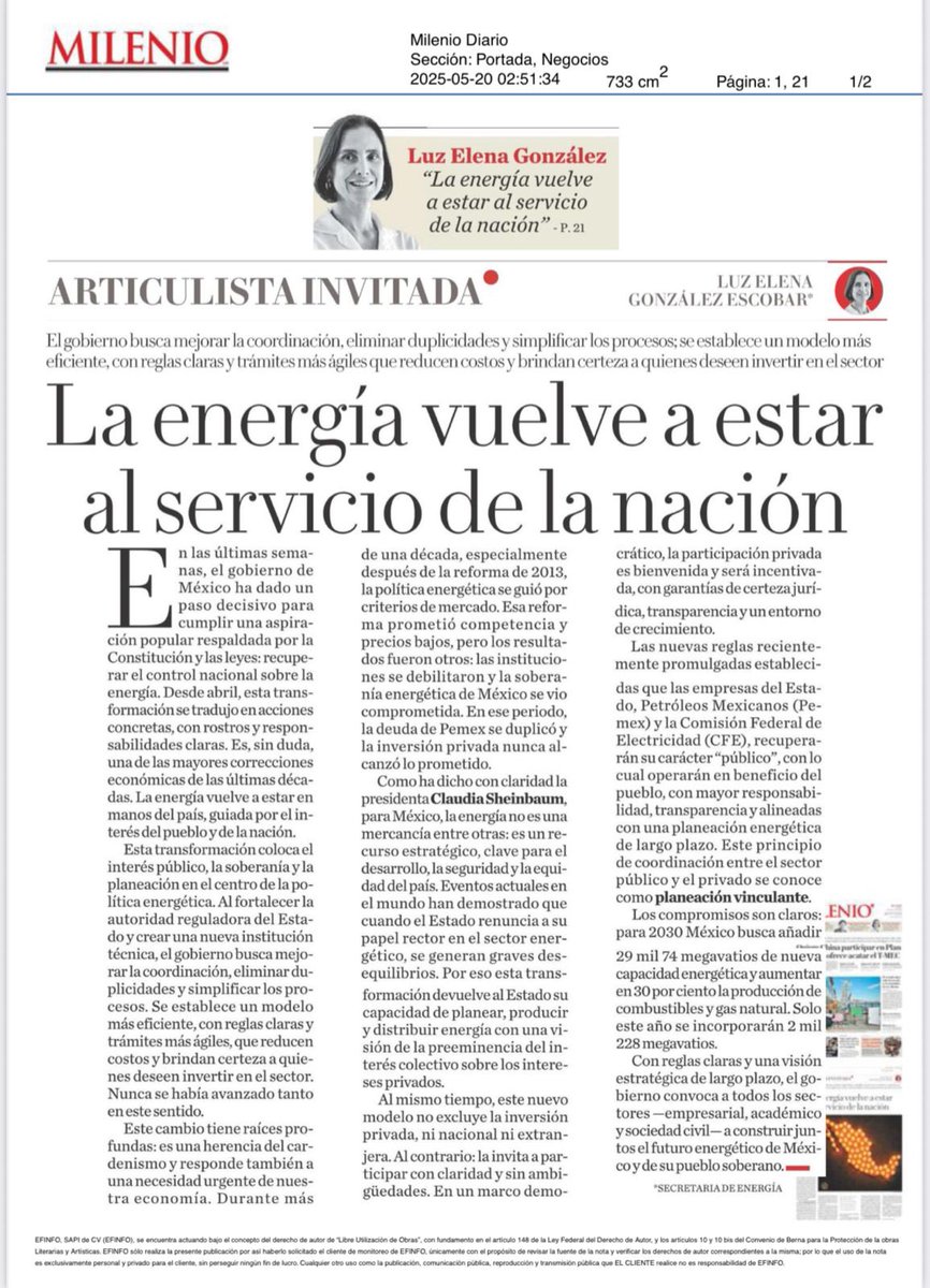 Luz Elena González Escobar (@luzelena_ge) on Twitter photo El <a href="/GobiernoMX/">Gobierno de México</a>, encabezado por nuestra presidenta <a href="/Claudiashein/">Claudia Sheinbaum Pardo</a>, avanza con pasos firmes y decididos en el rescate del sector energético. Hoy, la energía vuelve a estar al servicio del pueblo y de la nación, con reglas claras y una visión estratégica de largo plazo.
Les comparto El <a href="/GobiernoMX/">Gobierno de México</a>, encabezado por nuestra presidenta <a href="/Claudiashein/">Claudia Sheinbaum Pardo</a>, avanza con pasos firmes y decididos en el rescate del sector energético. Hoy, la energía vuelve a estar al servicio del pueblo y de la nación, con reglas claras y una visión estratégica de largo plazo.
Les comparto