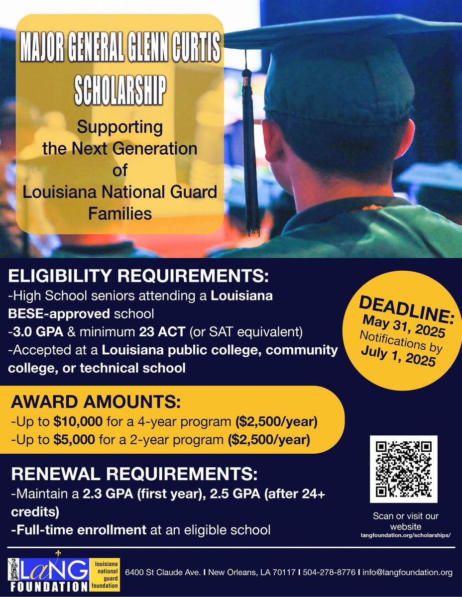 Attention high school students: The Louisiana National Guard Foundation provides scholarships to dependants of active members of the Louisiana National Guard through the MG Glenn Curtis Scholarship program.
#ProtectWhatMatters