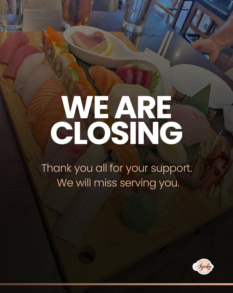 It is with heavy hearts that we have to announce that we’re closing.

It’s been a pleasure serving you all, and we will definitely miss everyone.

Thank you for everything, and we hope you have a great 2025.

- The Ageha Sushi Team
–
#NYC